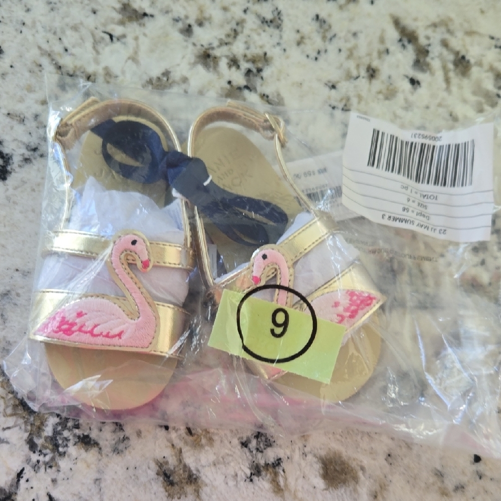 Gold and Pink Kids Sandals with Flamingo Design